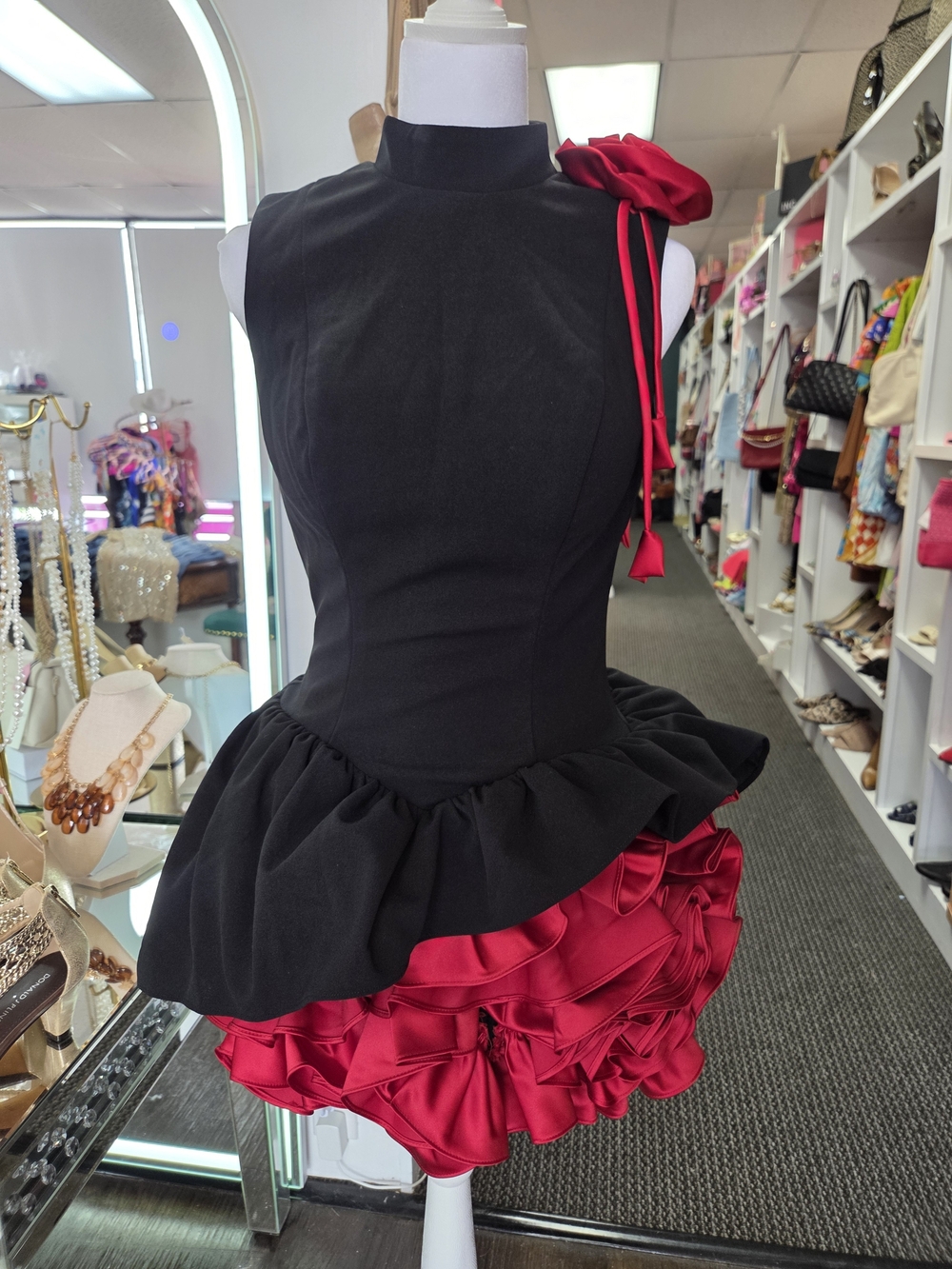 Sleeveless Black & RED  Prom Dress with Ruffle Skirt